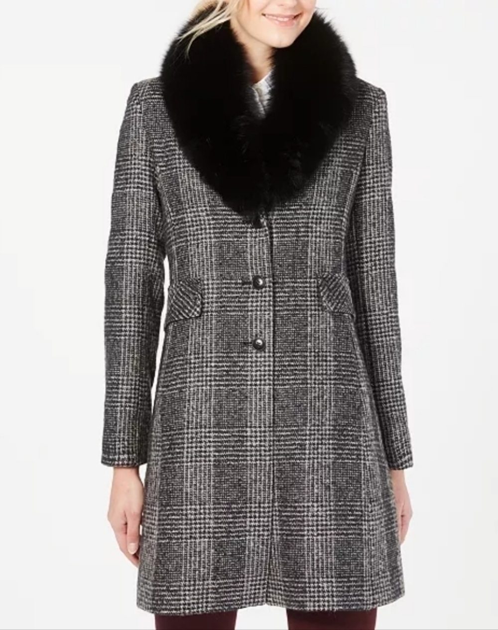 NEW Forecaster Of Boston Fox-Fur-Collar Reefer Coat Black and White